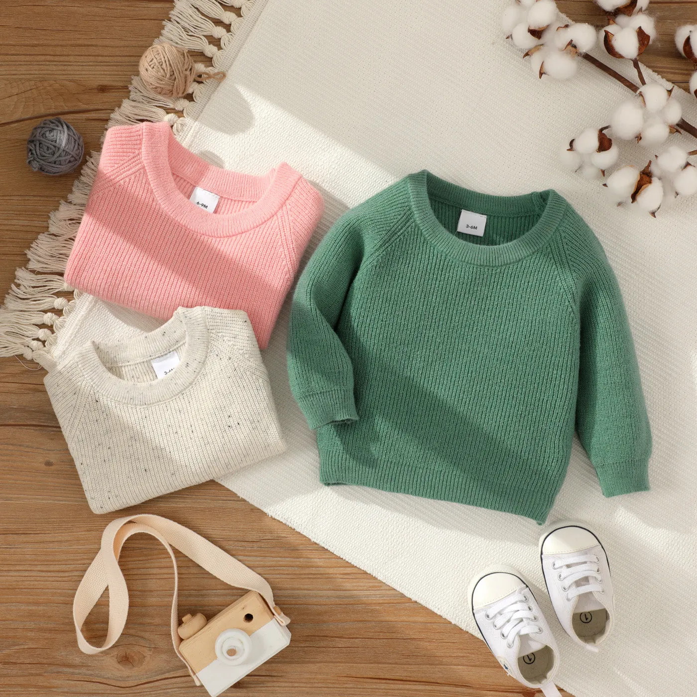 Baby Girl Solid Round Neck Long-sleeve Knitted Pullover Sweater