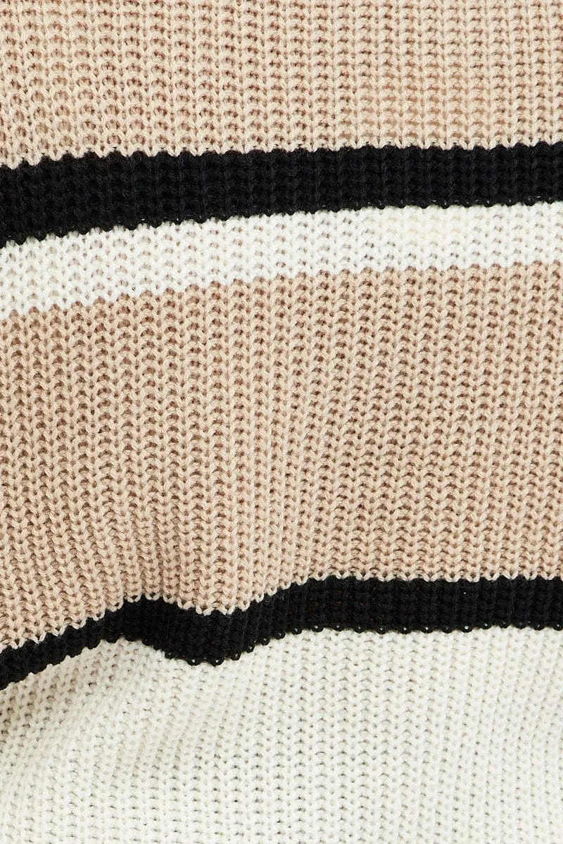 Beige Stripe Knit Jumper Round Neck Long Sleeve