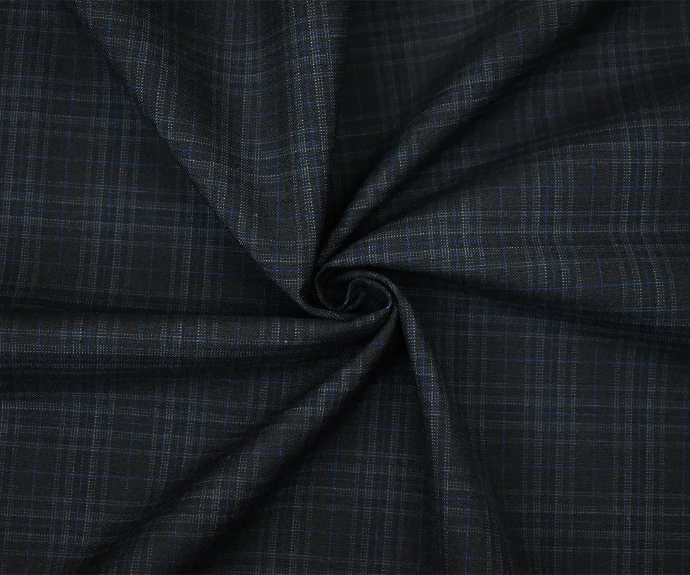 Black-Gray-Blue Wool Polyester Plaid Woven Shirting Fabric