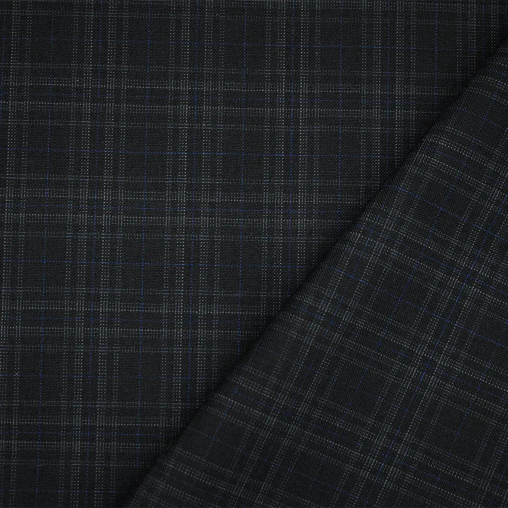 Black-Gray-Blue Wool Polyester Plaid Woven Shirting Fabric