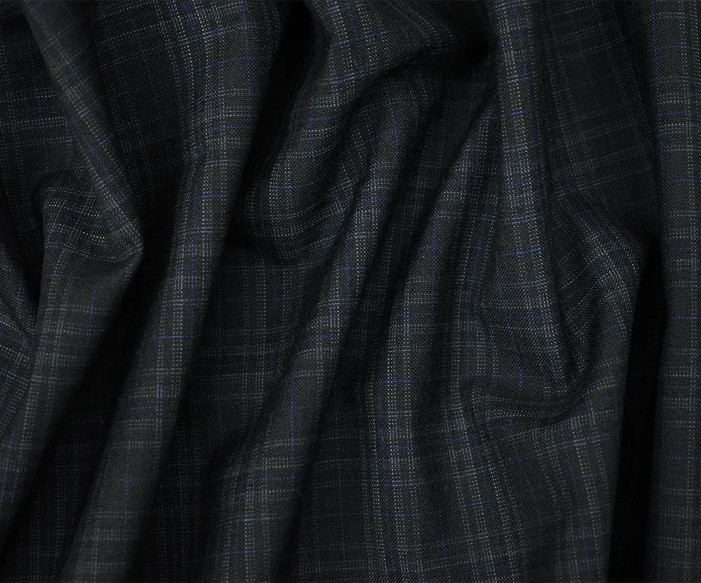 Black-Gray-Blue Wool Polyester Plaid Woven Shirting Fabric