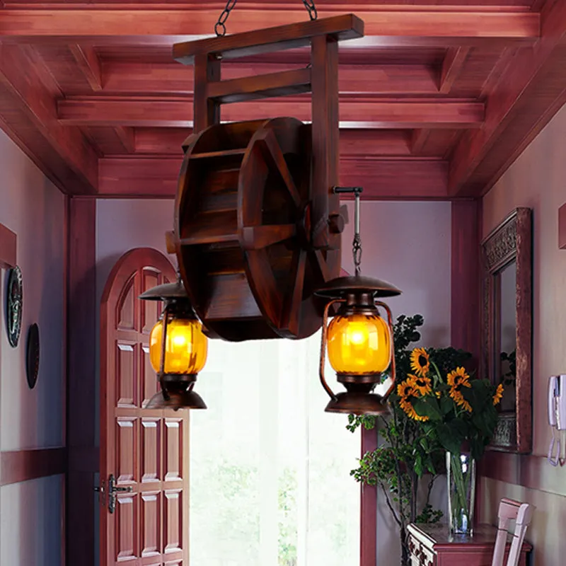 Dark Wood 3-Light Chandelier with Amber Glass Lantern - Hanging Lamp for Warehouse Lighting