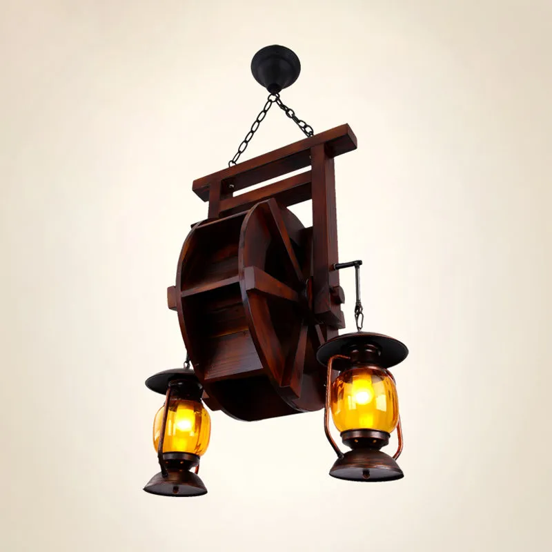 Dark Wood 3-Light Chandelier with Amber Glass Lantern - Hanging Lamp for Warehouse Lighting