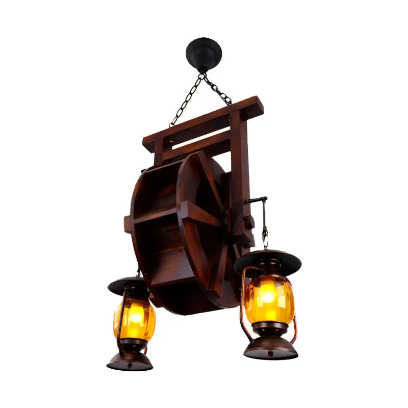 Dark Wood 3-Light Chandelier with Amber Glass Lantern - Hanging Lamp for Warehouse Lighting