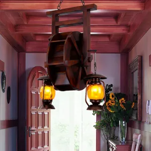 Dark Wood 3-Light Chandelier with Amber Glass Lantern - Hanging Lamp for Warehouse Lighting