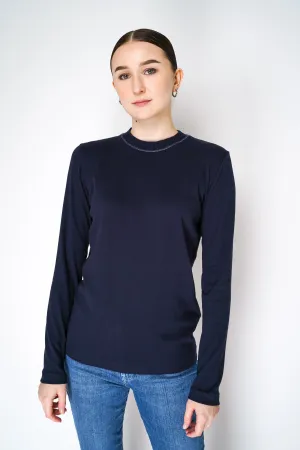 Fabiana Filippi Long Sleeve Jersey Top with Knitted Crew Neck in Navy