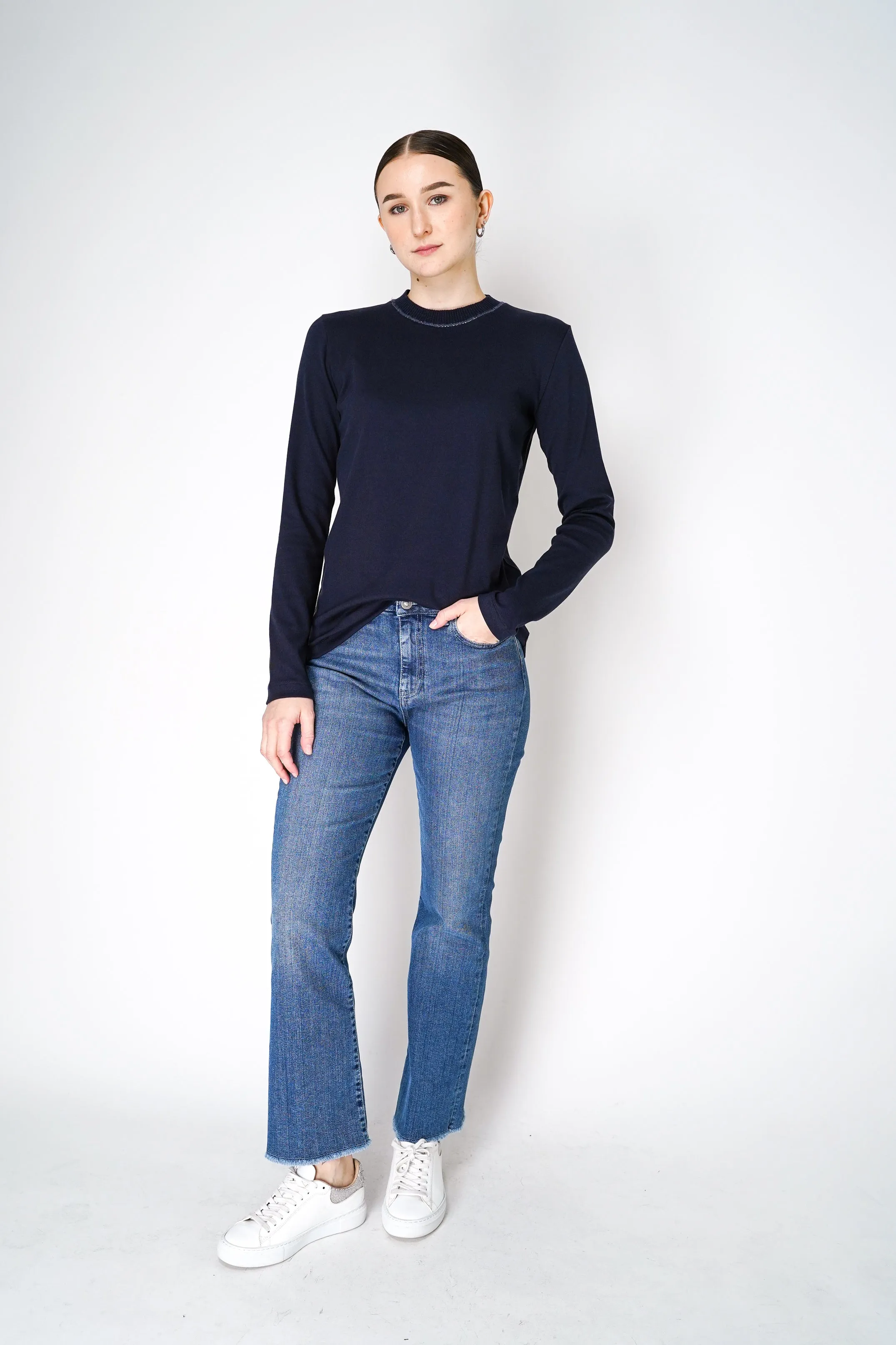 Fabiana Filippi Long Sleeve Jersey Top with Knitted Crew Neck in Navy