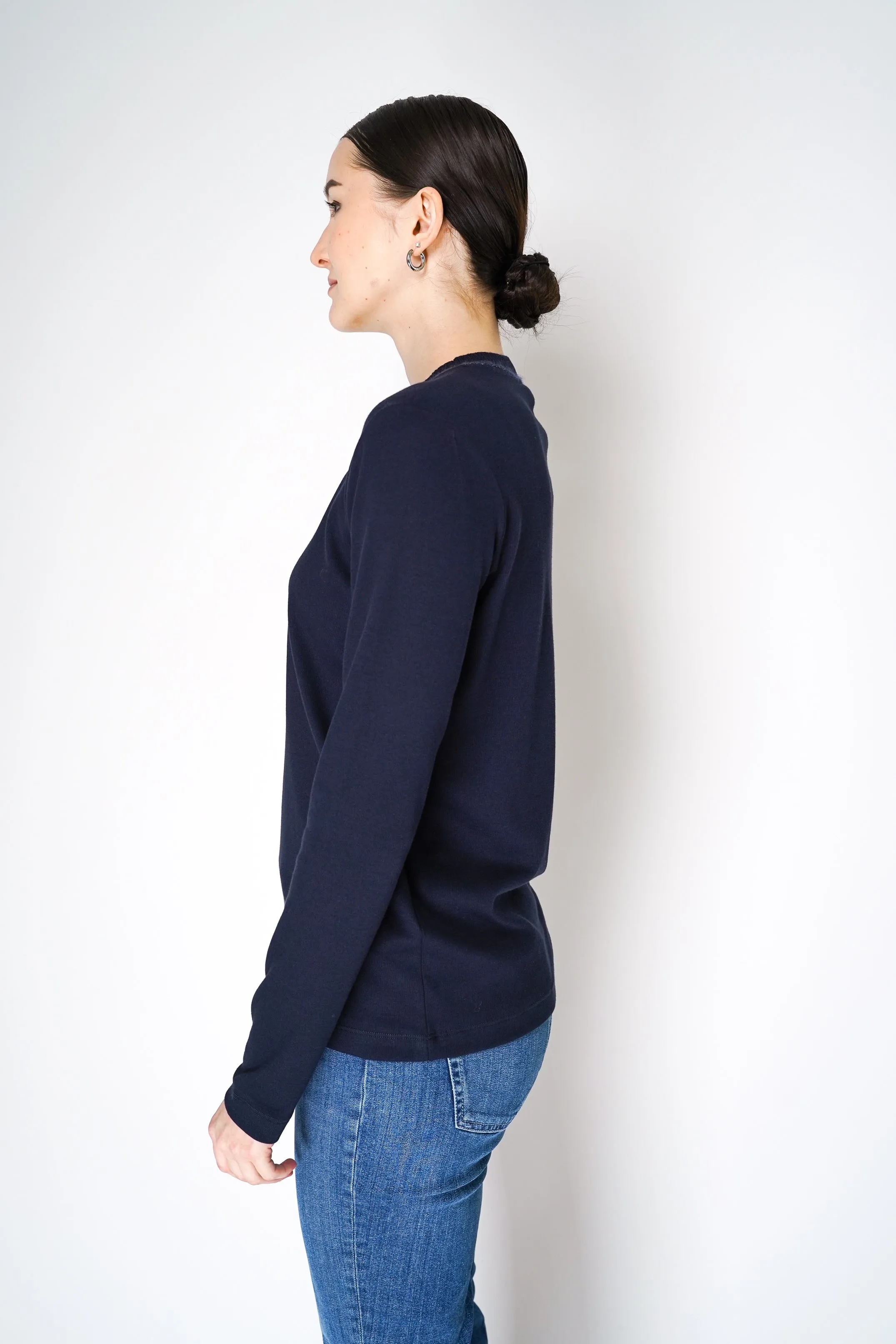 Fabiana Filippi Long Sleeve Jersey Top with Knitted Crew Neck in Navy