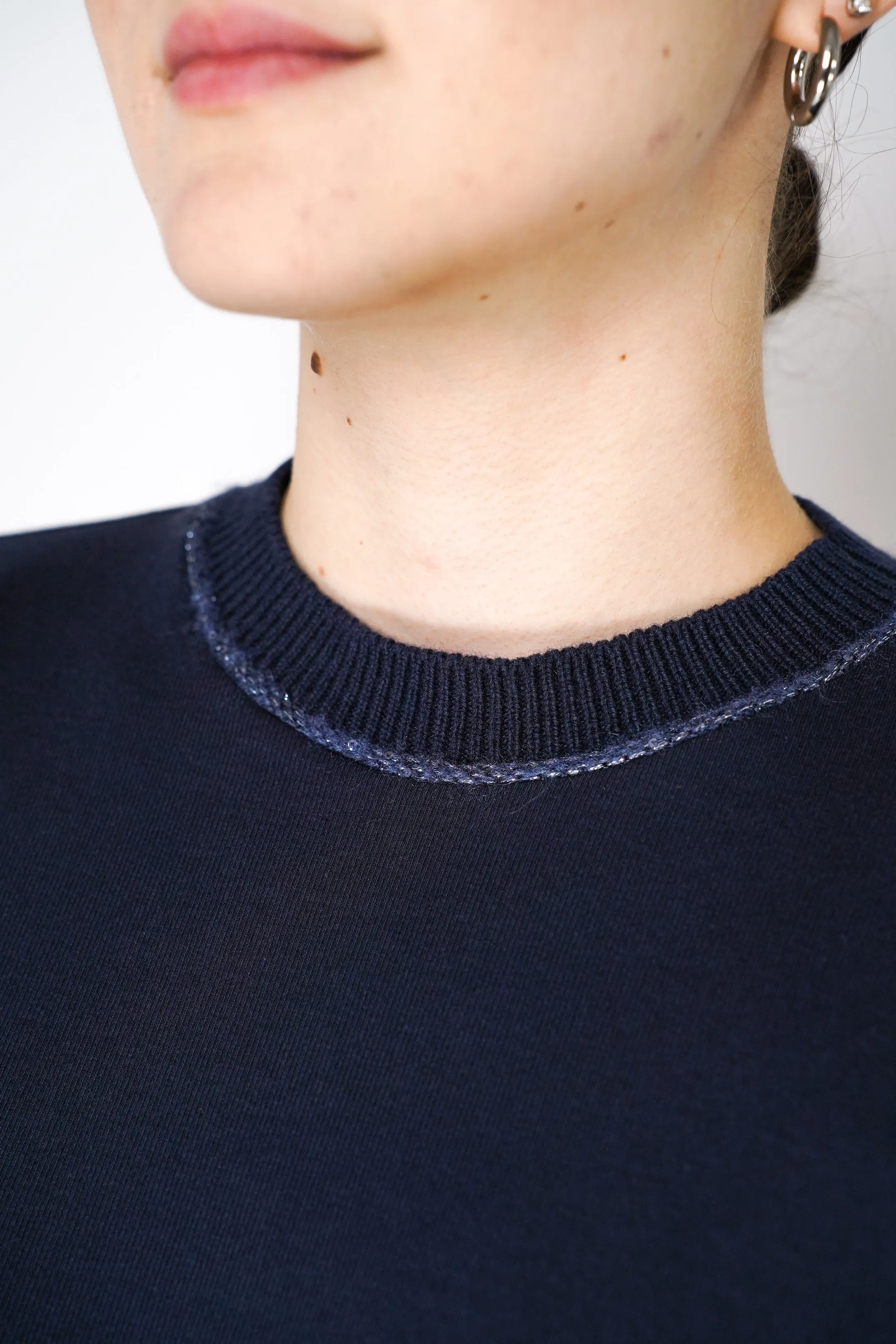 Fabiana Filippi Long Sleeve Jersey Top with Knitted Crew Neck in Navy