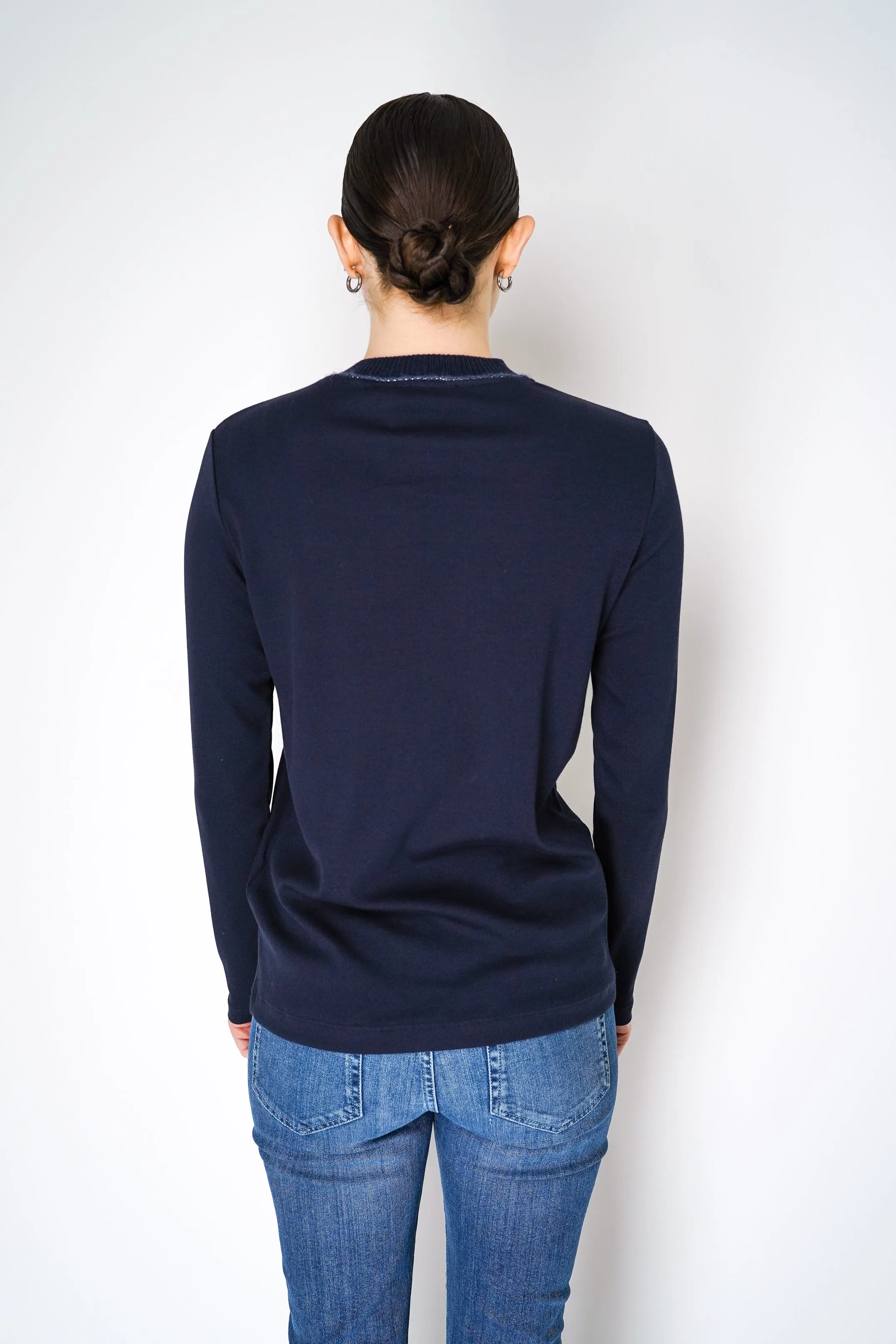 Fabiana Filippi Long Sleeve Jersey Top with Knitted Crew Neck in Navy