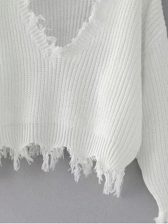 Fashion Loose Ripped V Neck Sweater