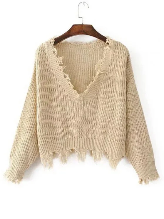 Fashion Loose Ripped V Neck Sweater