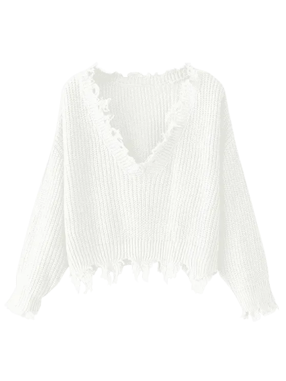 Fashion Loose Ripped V Neck Sweater