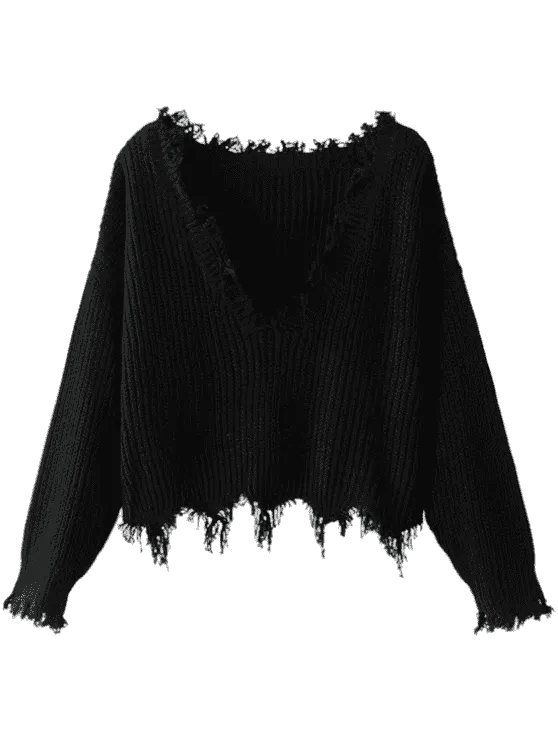 Fashion Loose Ripped V Neck Sweater