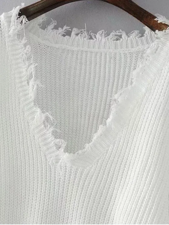 Fashion Loose Ripped V Neck Sweater