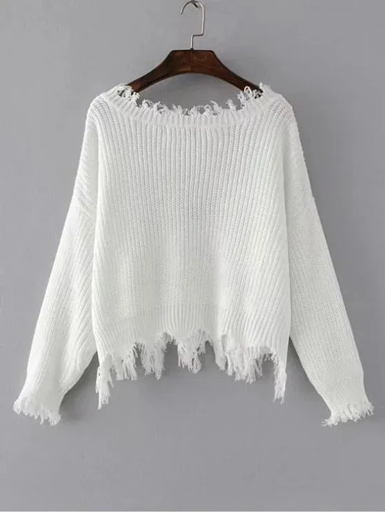 Fashion Loose Ripped V Neck Sweater