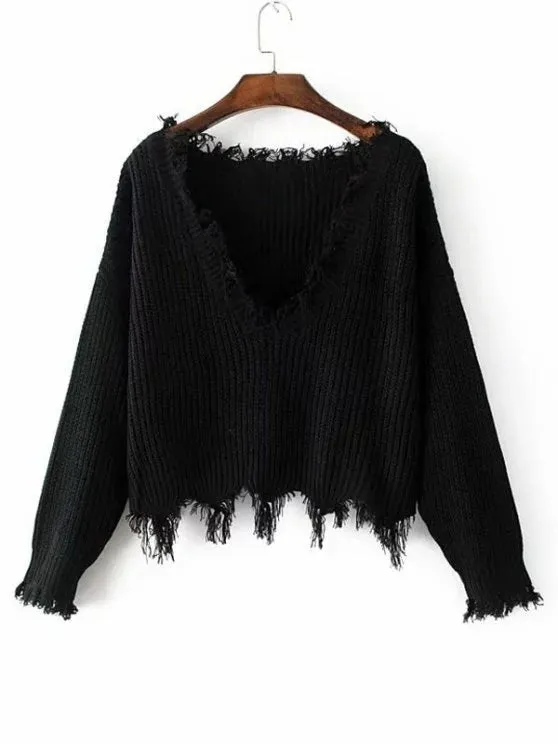 Fashion Loose Ripped V Neck Sweater