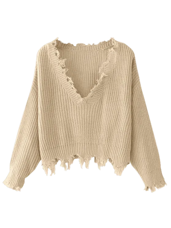 Fashion Loose Ripped V Neck Sweater