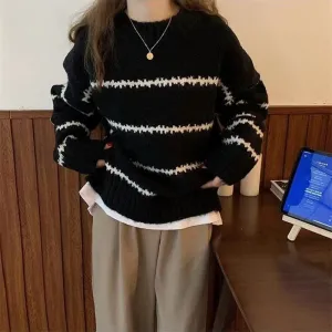 Fashionkova  French Lazy Oaf O-Neck Knitted Pullover Sweater Women Autumn Loose Korean Stripe Sweater Female Contrast Long Sleeve Tops