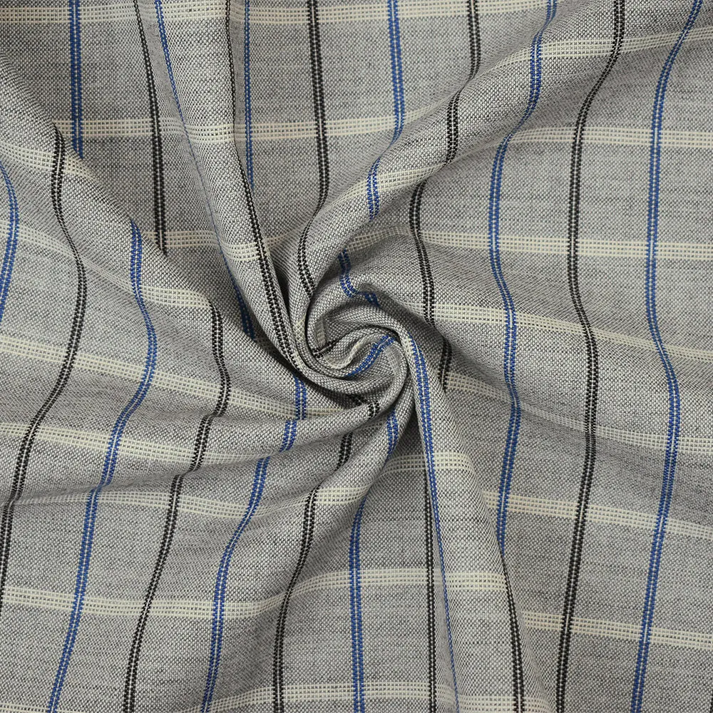 Gray-Blue-Multi Poly Wool Check Plaid Woven Shirting Fabric