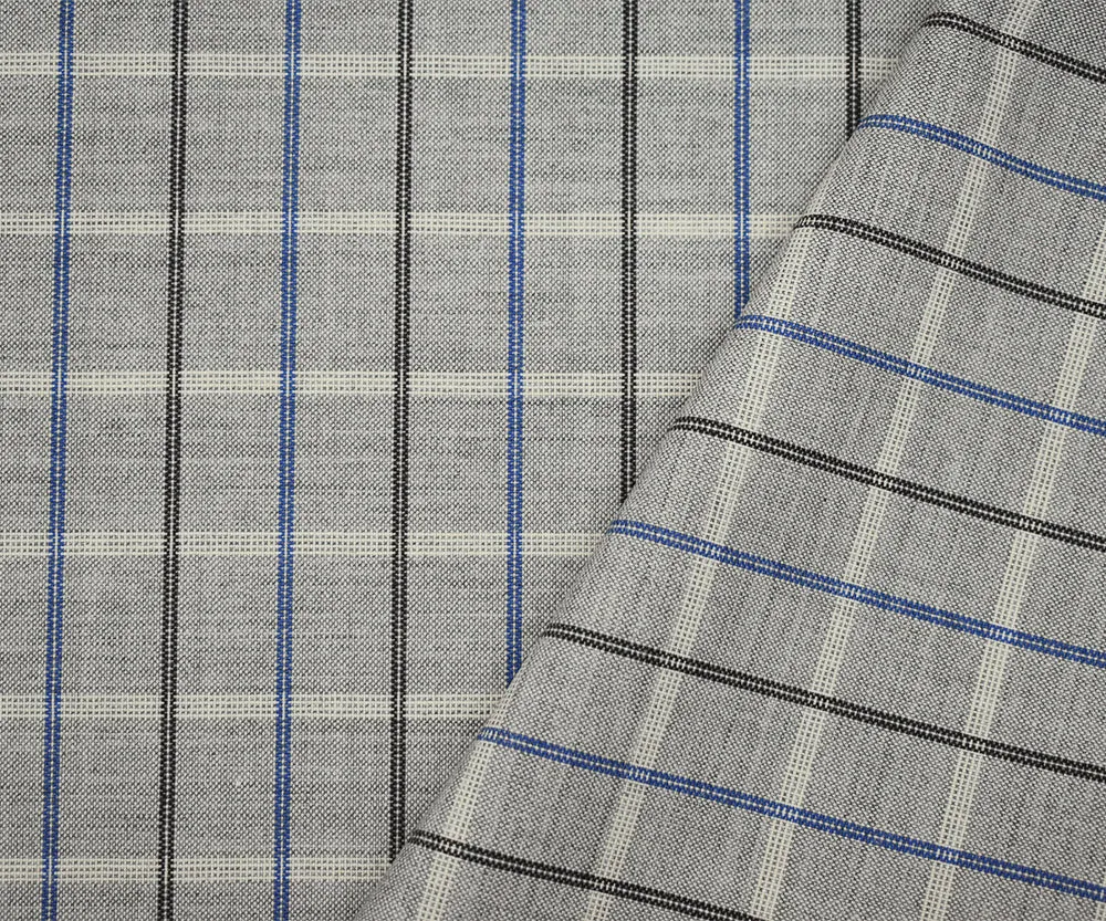 Gray-Blue-Multi Poly Wool Check Plaid Woven Shirting Fabric
