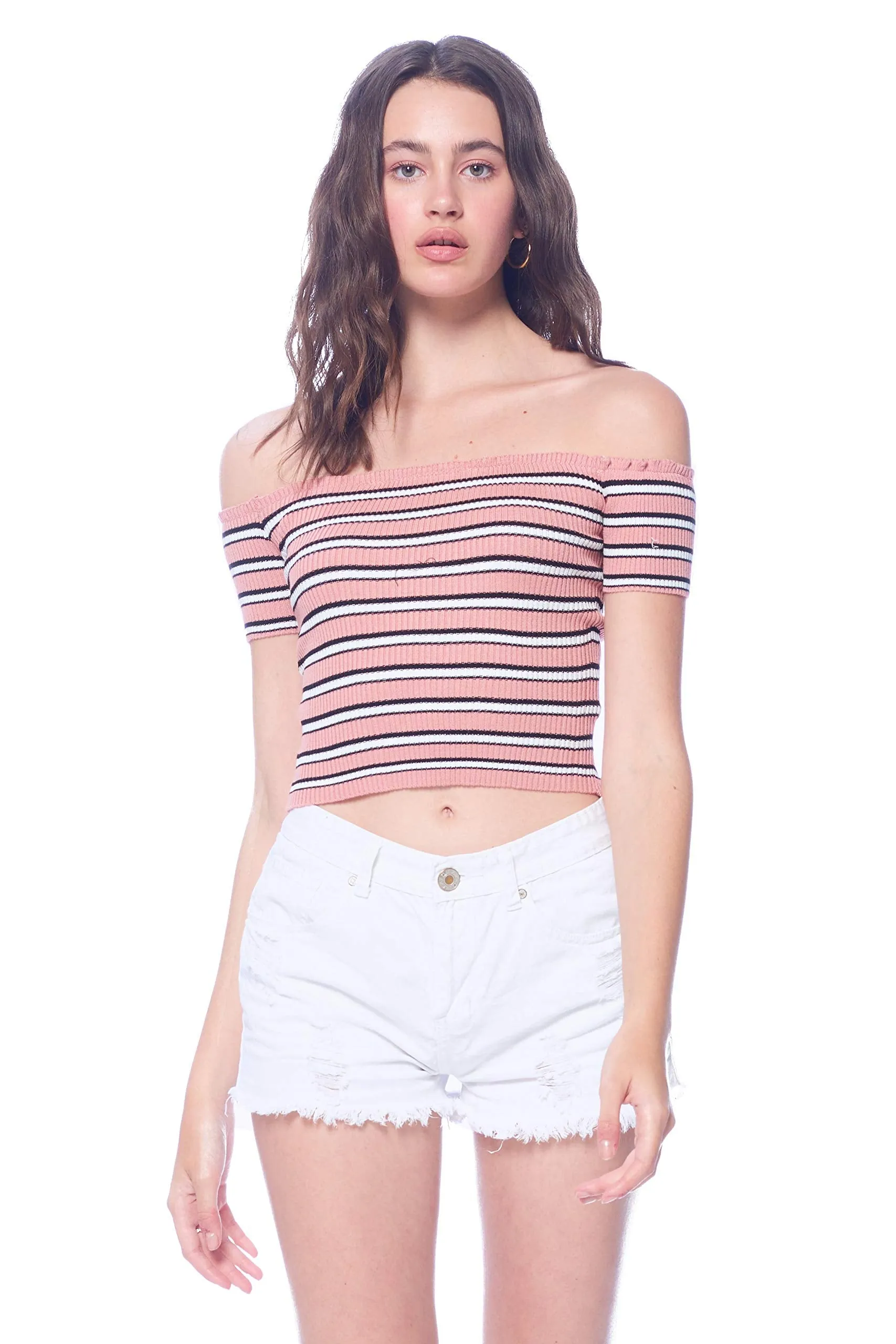 Khanomak Women's Off Shoulder Knit Short Sleeve Striped Crop Top Shirt