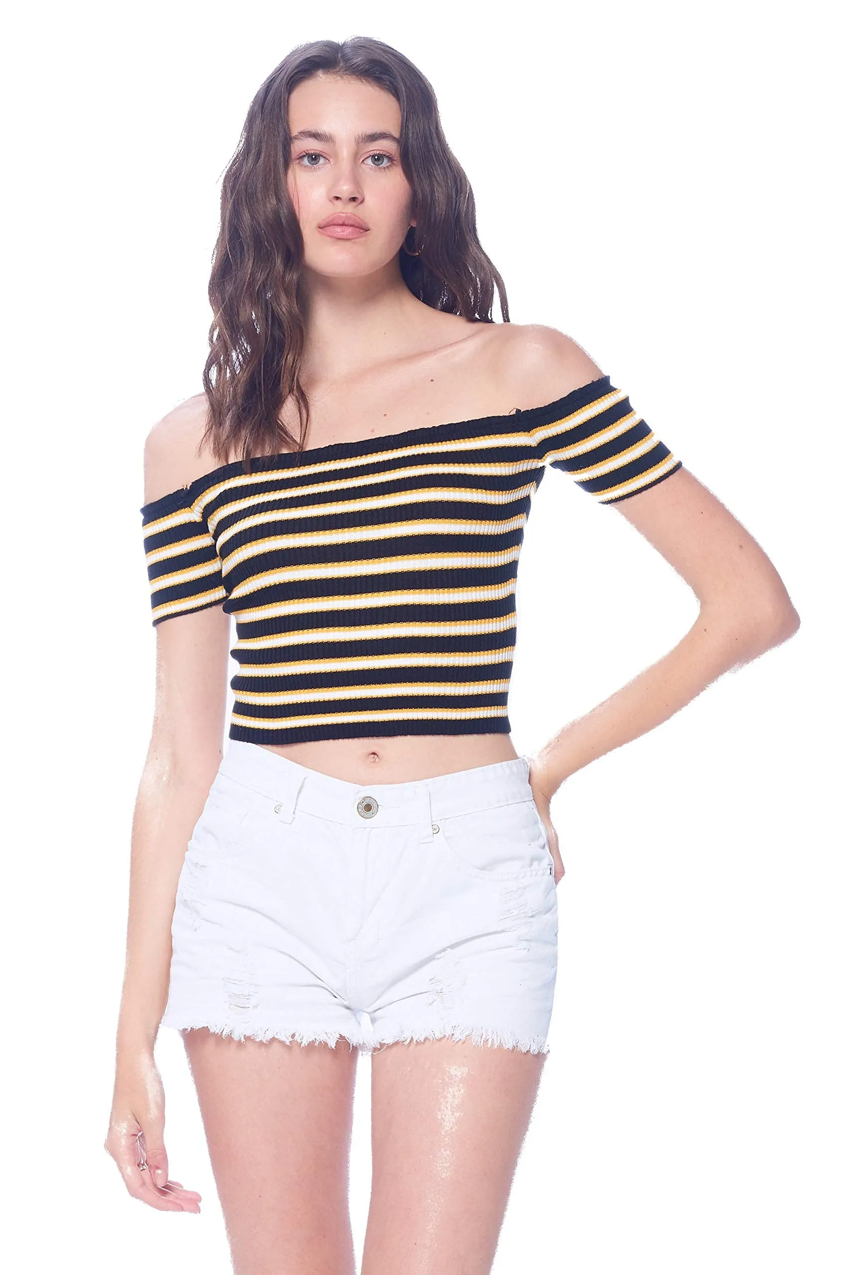 Khanomak Women's Off Shoulder Knit Short Sleeve Striped Crop Top Shirt