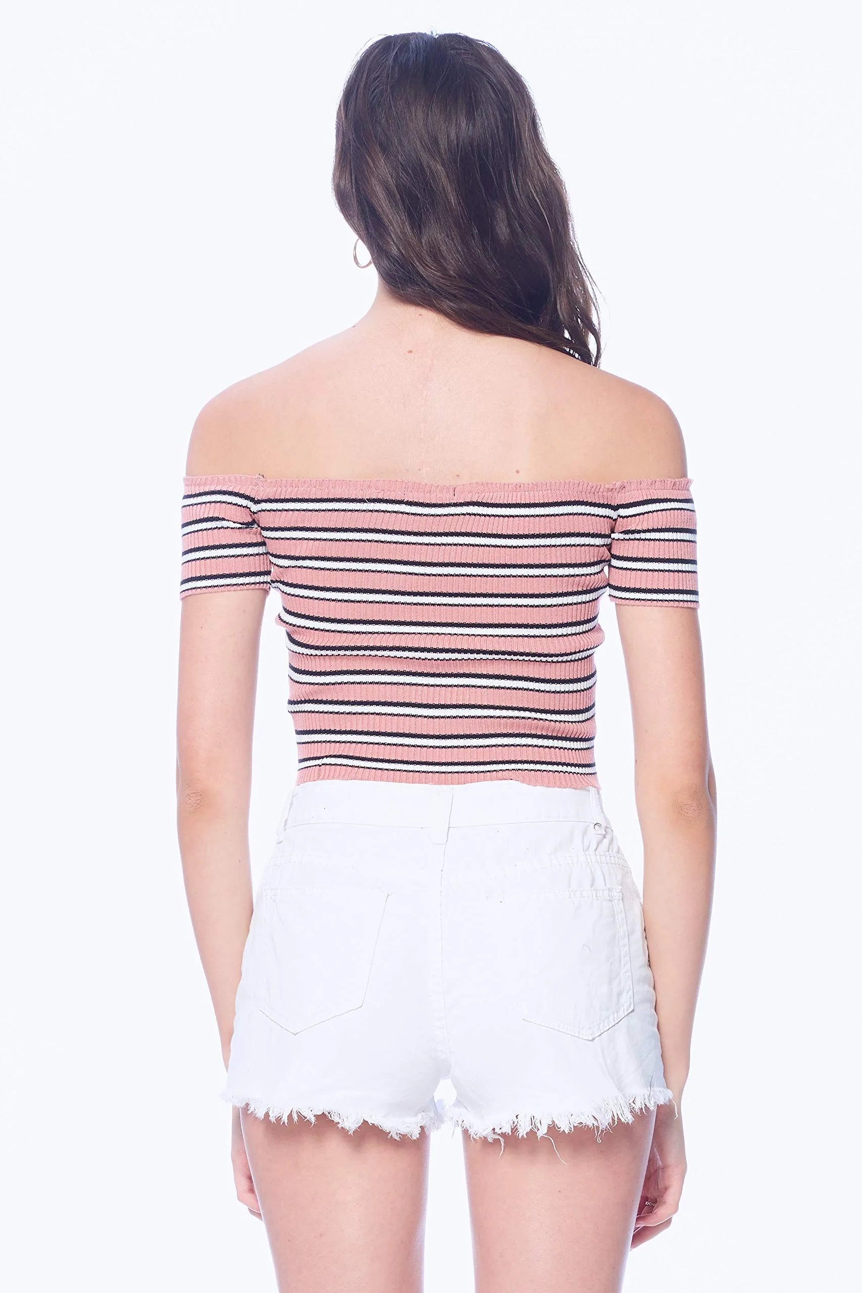 Khanomak Women's Off Shoulder Knit Short Sleeve Striped Crop Top Shirt