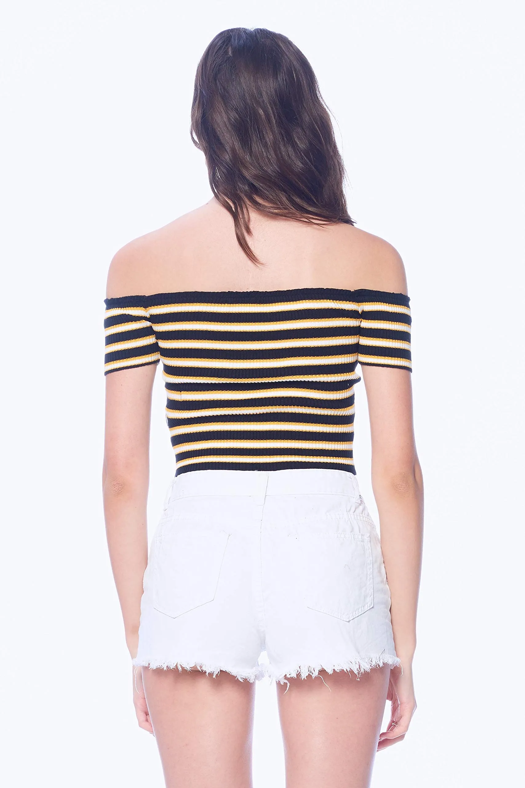 Khanomak Women's Off Shoulder Knit Short Sleeve Striped Crop Top Shirt