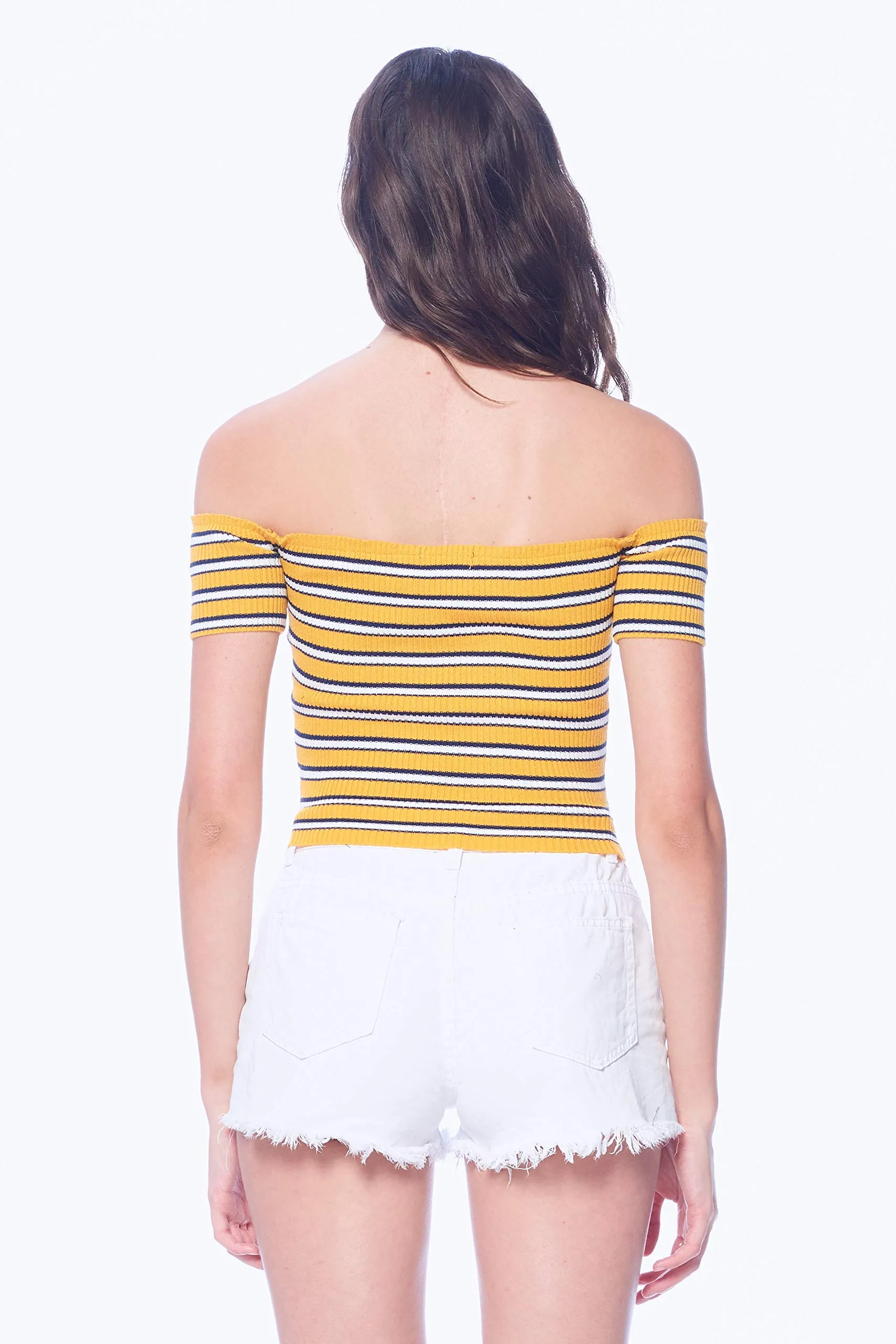 Khanomak Women's Off Shoulder Knit Short Sleeve Striped Crop Top Shirt