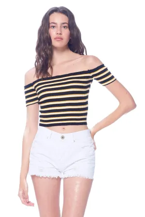 Khanomak Women's Off Shoulder Knit Short Sleeve Striped Crop Top Shirt