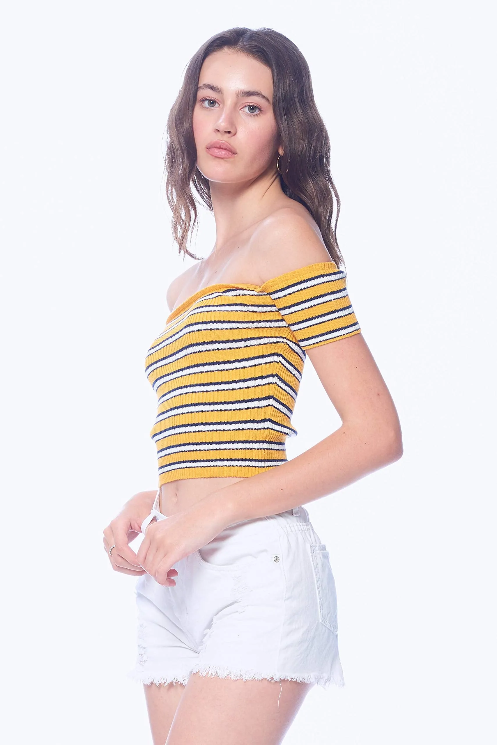 Khanomak Women's Off Shoulder Knit Short Sleeve Striped Crop Top Shirt