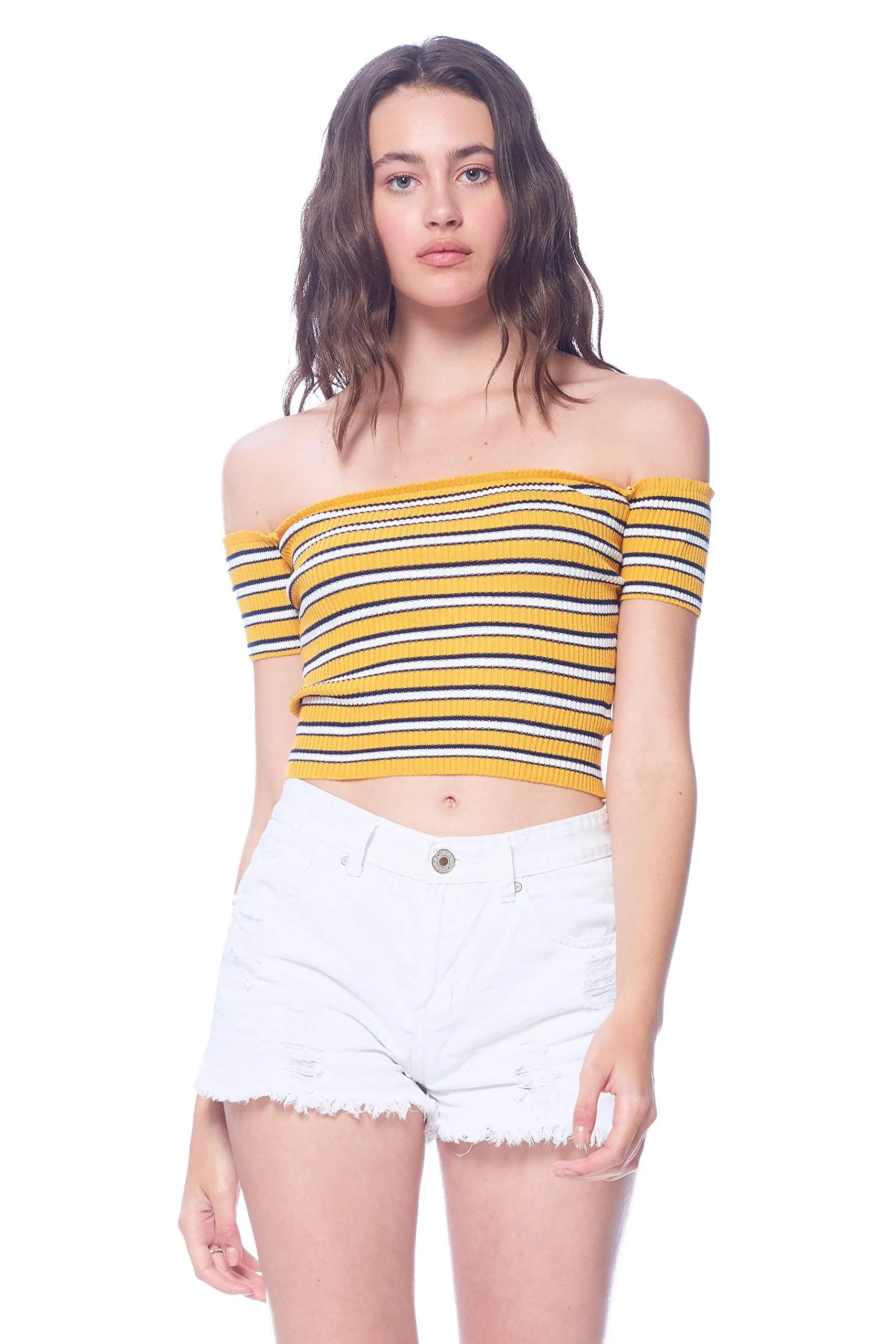 Khanomak Women's Off Shoulder Knit Short Sleeve Striped Crop Top Shirt