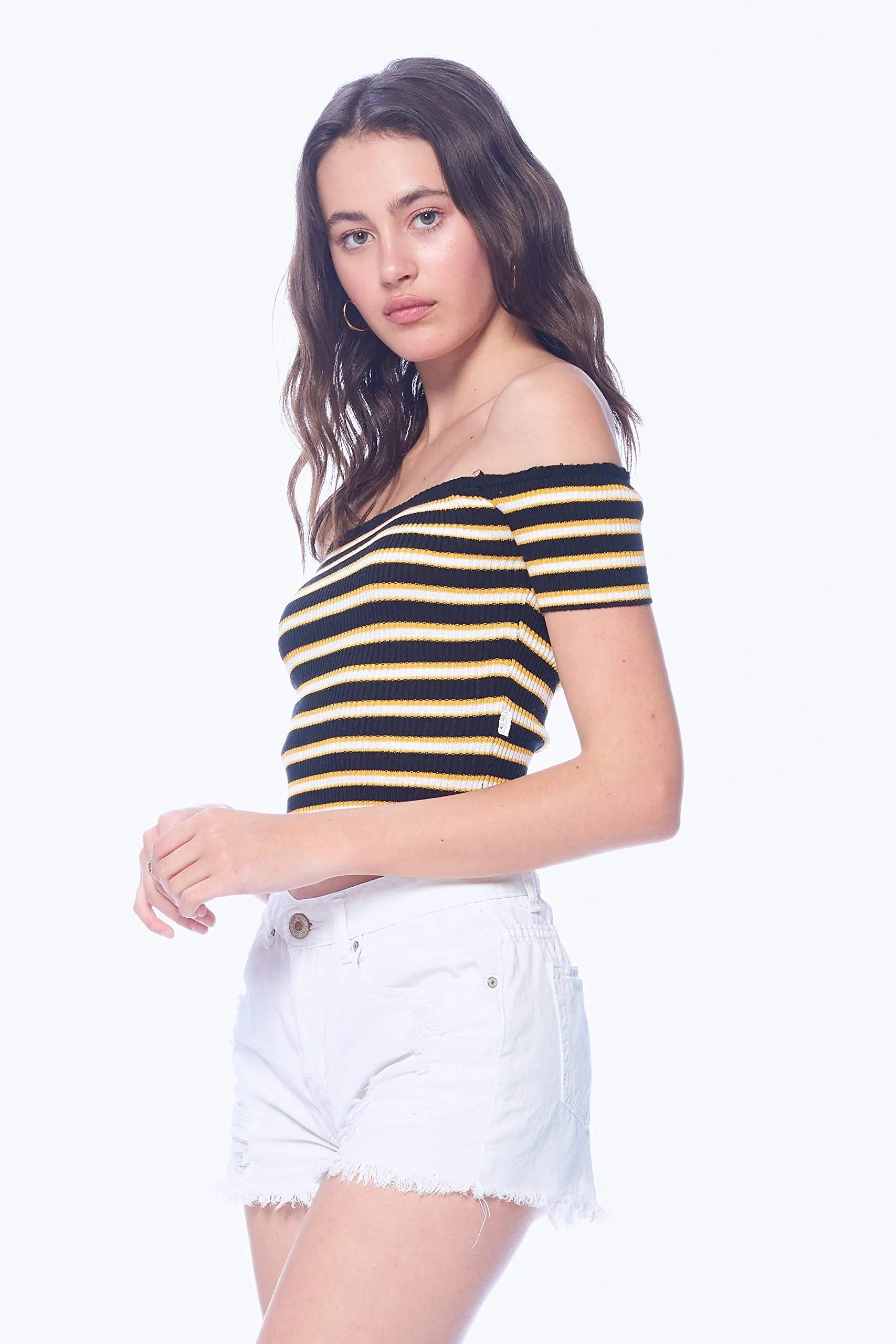 Khanomak Women's Off Shoulder Knit Short Sleeve Striped Crop Top Shirt