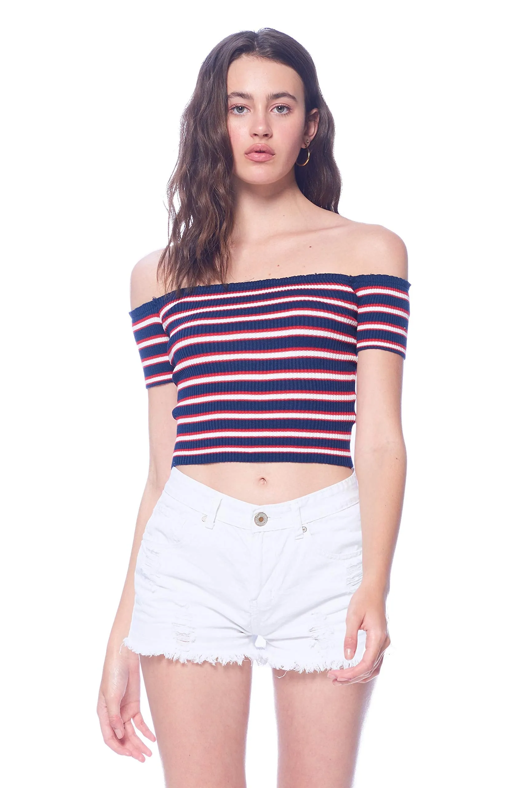 Khanomak Women's Off Shoulder Knit Short Sleeve Striped Crop Top Shirt