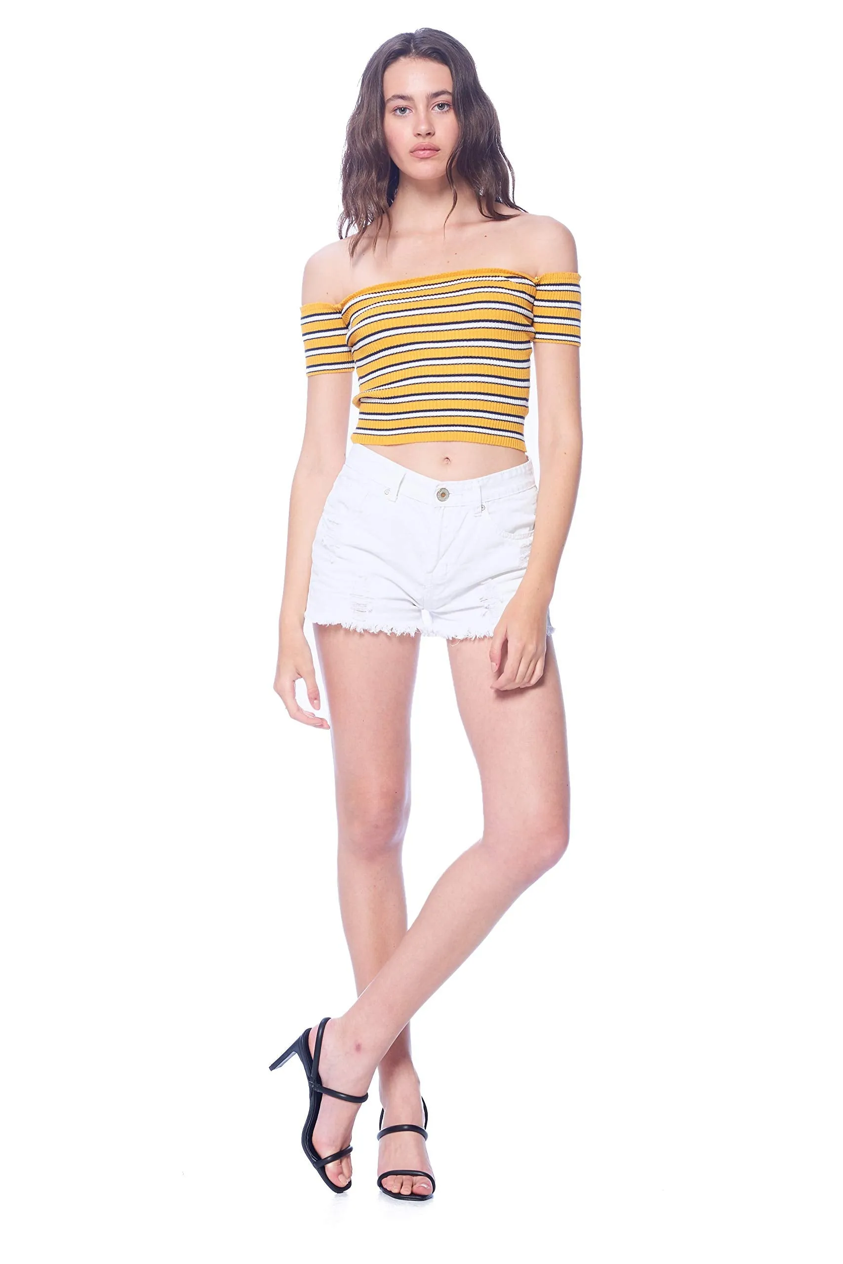Khanomak Women's Off Shoulder Knit Short Sleeve Striped Crop Top Shirt