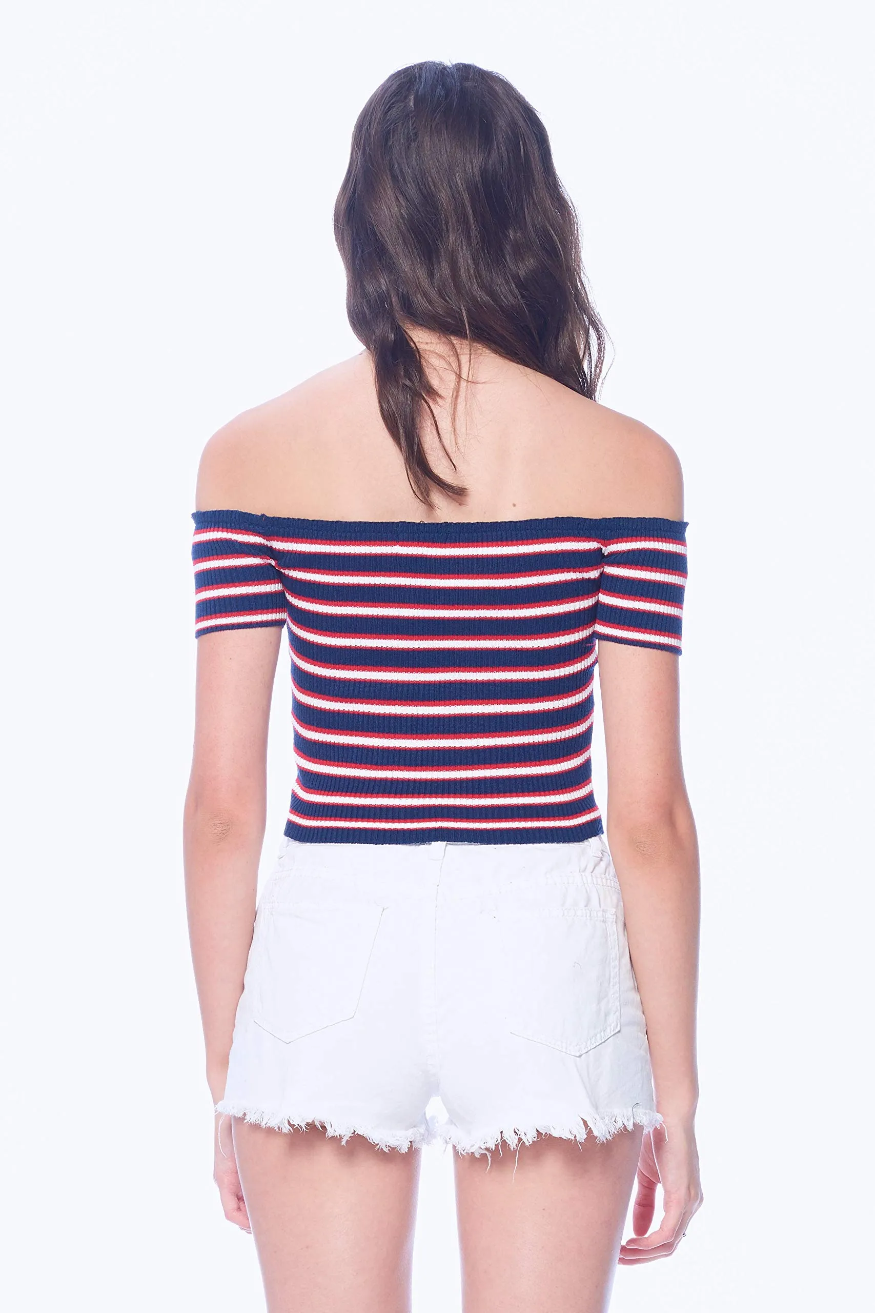 Khanomak Women's Off Shoulder Knit Short Sleeve Striped Crop Top Shirt