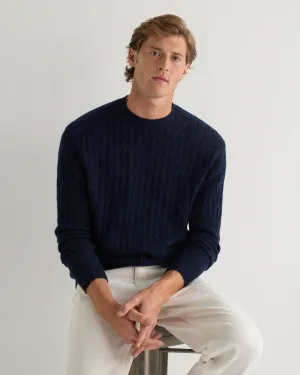 Men's Thames Cable Round Neck Cashmere Sweater Navy Blue Melange