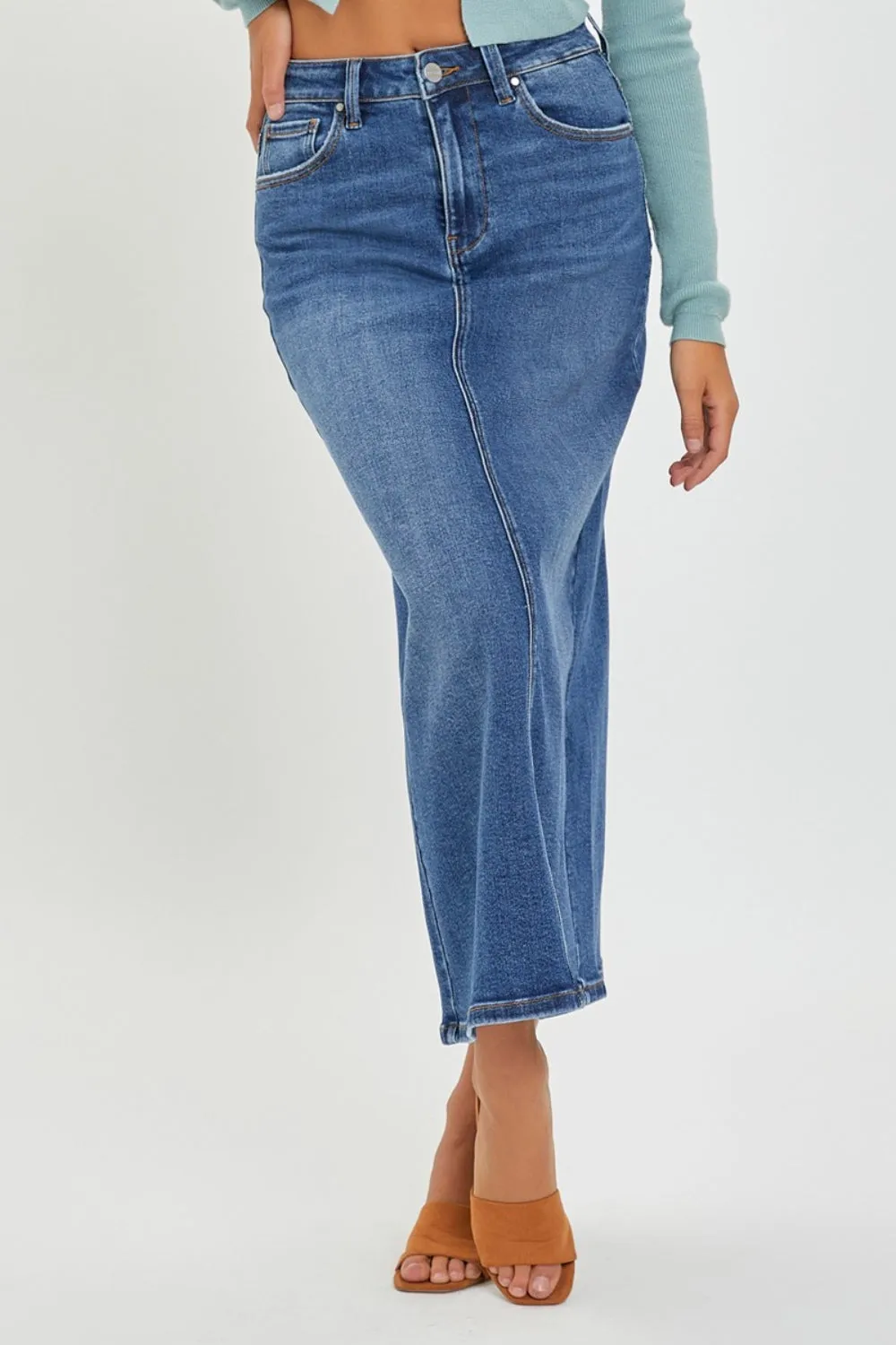 Oslo High Rise Back Slit Denim Skirt