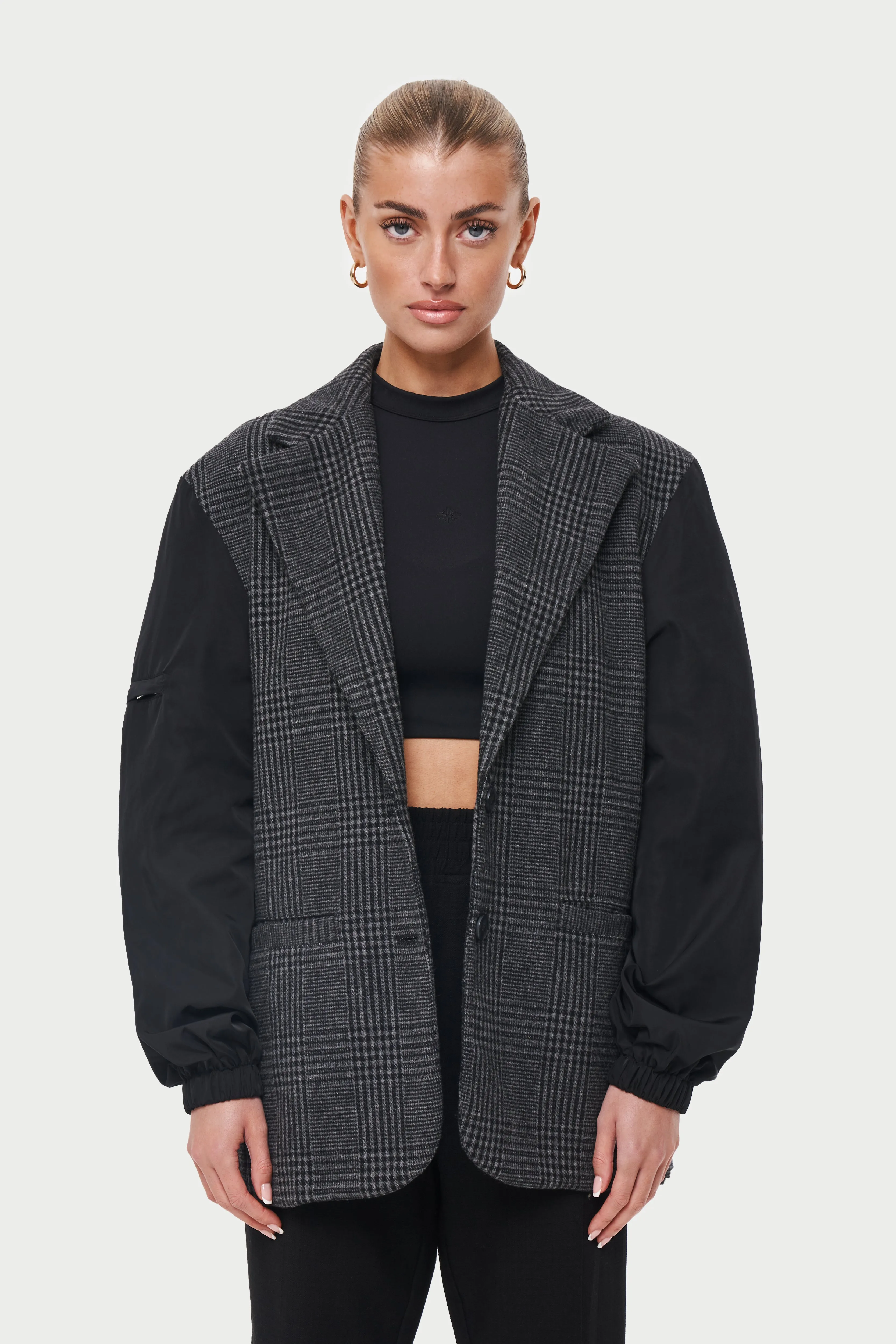 OVERSIZED CHECK BLAZER WITH NYLON SLEEVES - BLACK