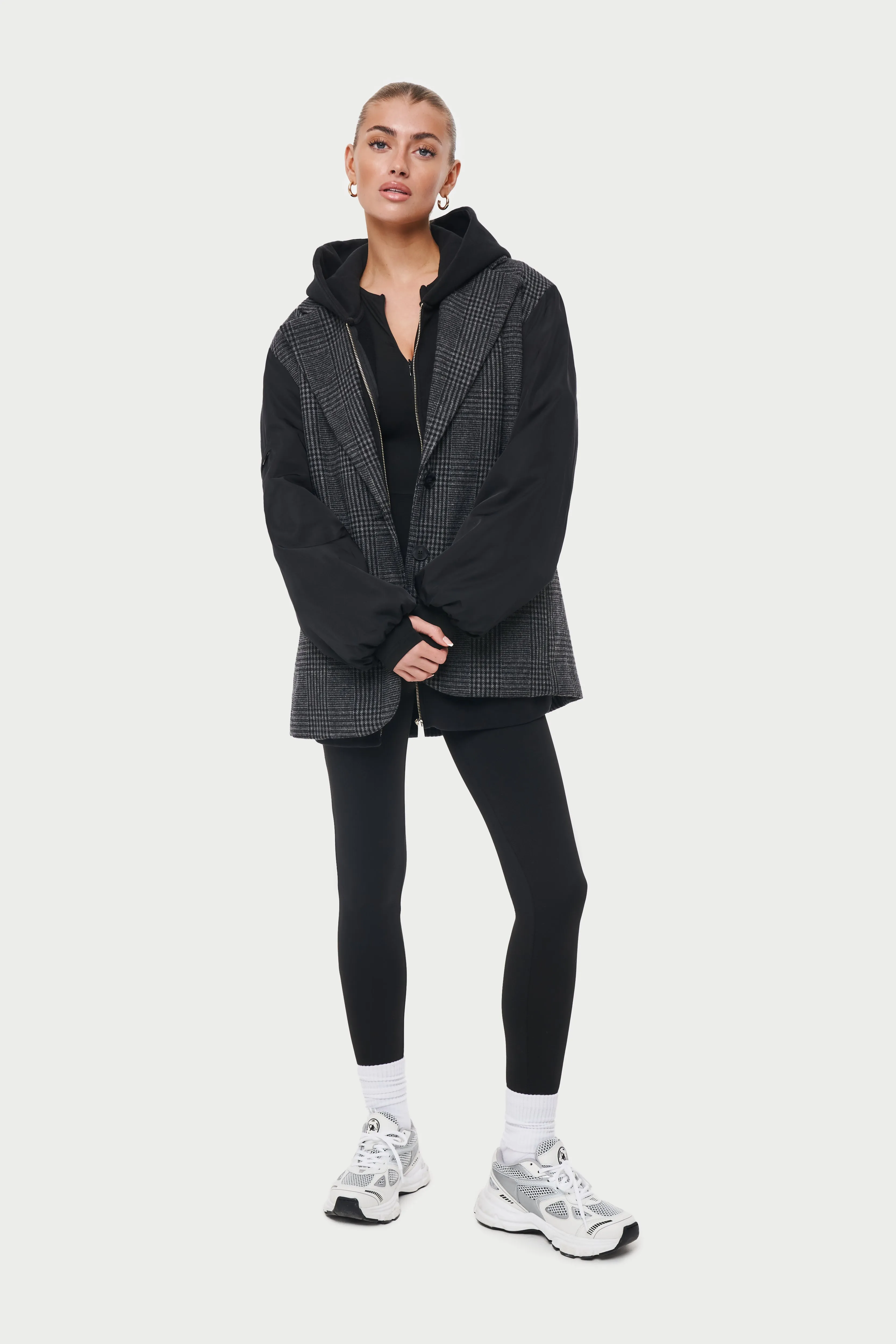 OVERSIZED CHECK BLAZER WITH NYLON SLEEVES - BLACK