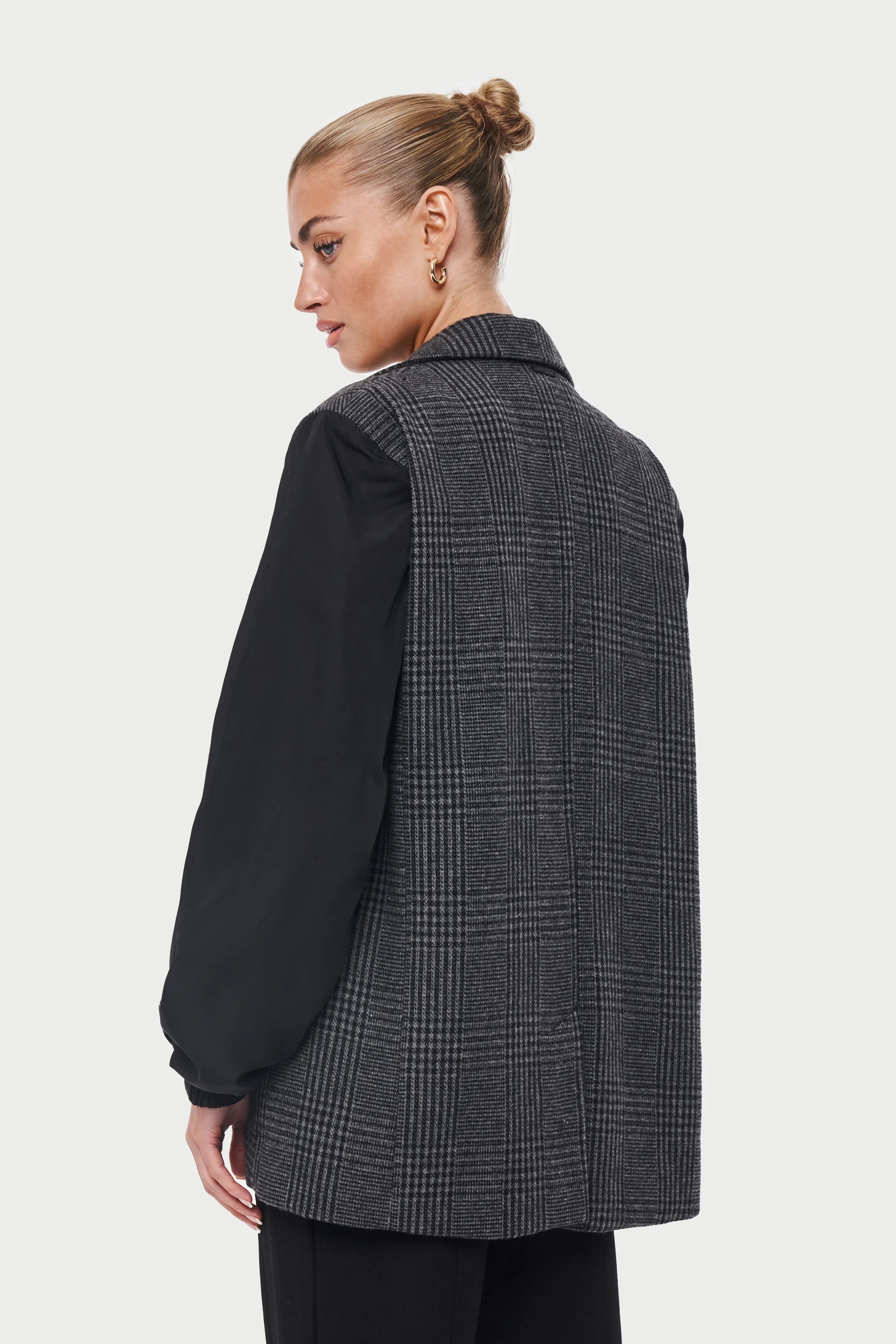 OVERSIZED CHECK BLAZER WITH NYLON SLEEVES - BLACK