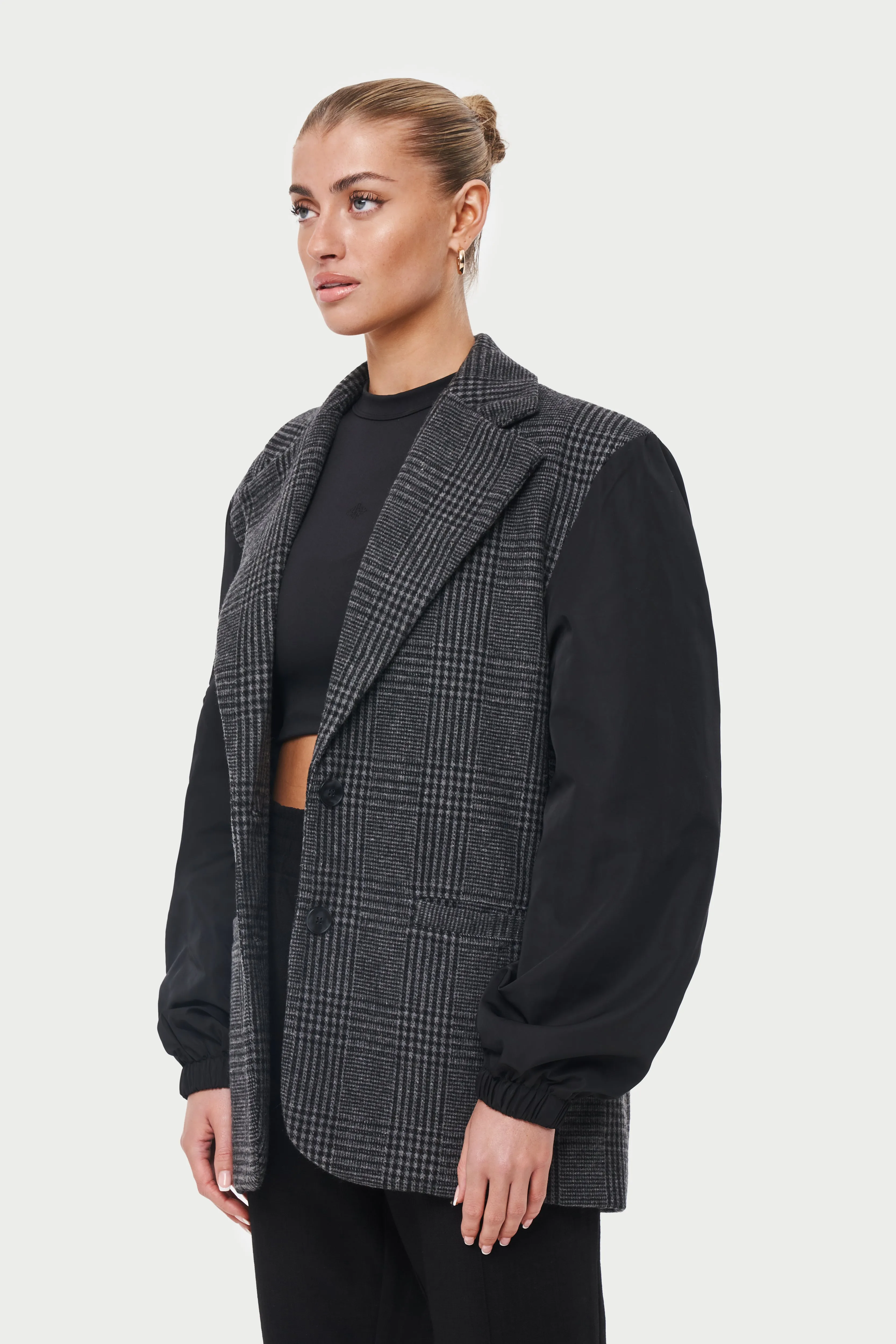 OVERSIZED CHECK BLAZER WITH NYLON SLEEVES - BLACK