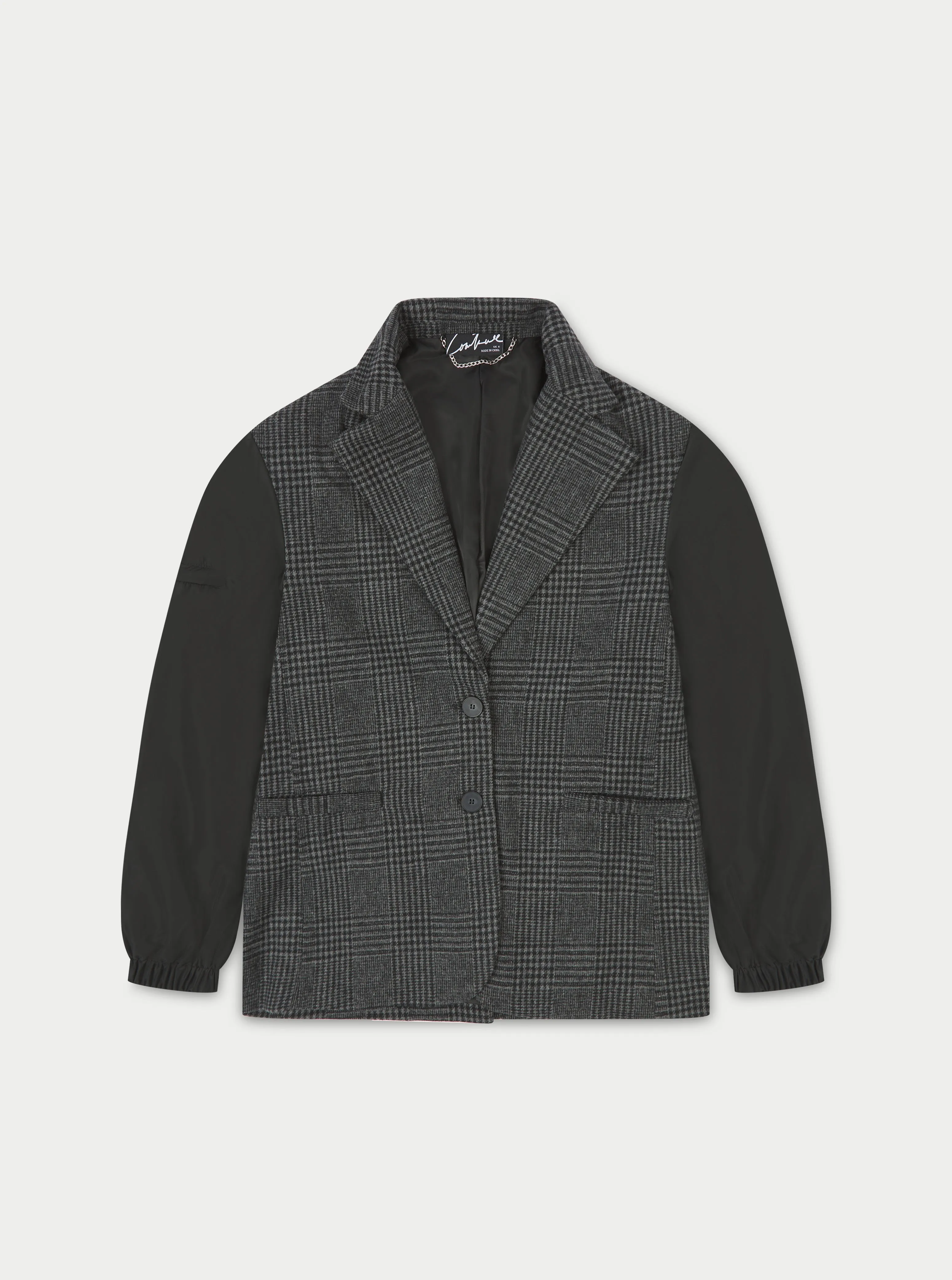 OVERSIZED CHECK BLAZER WITH NYLON SLEEVES - BLACK