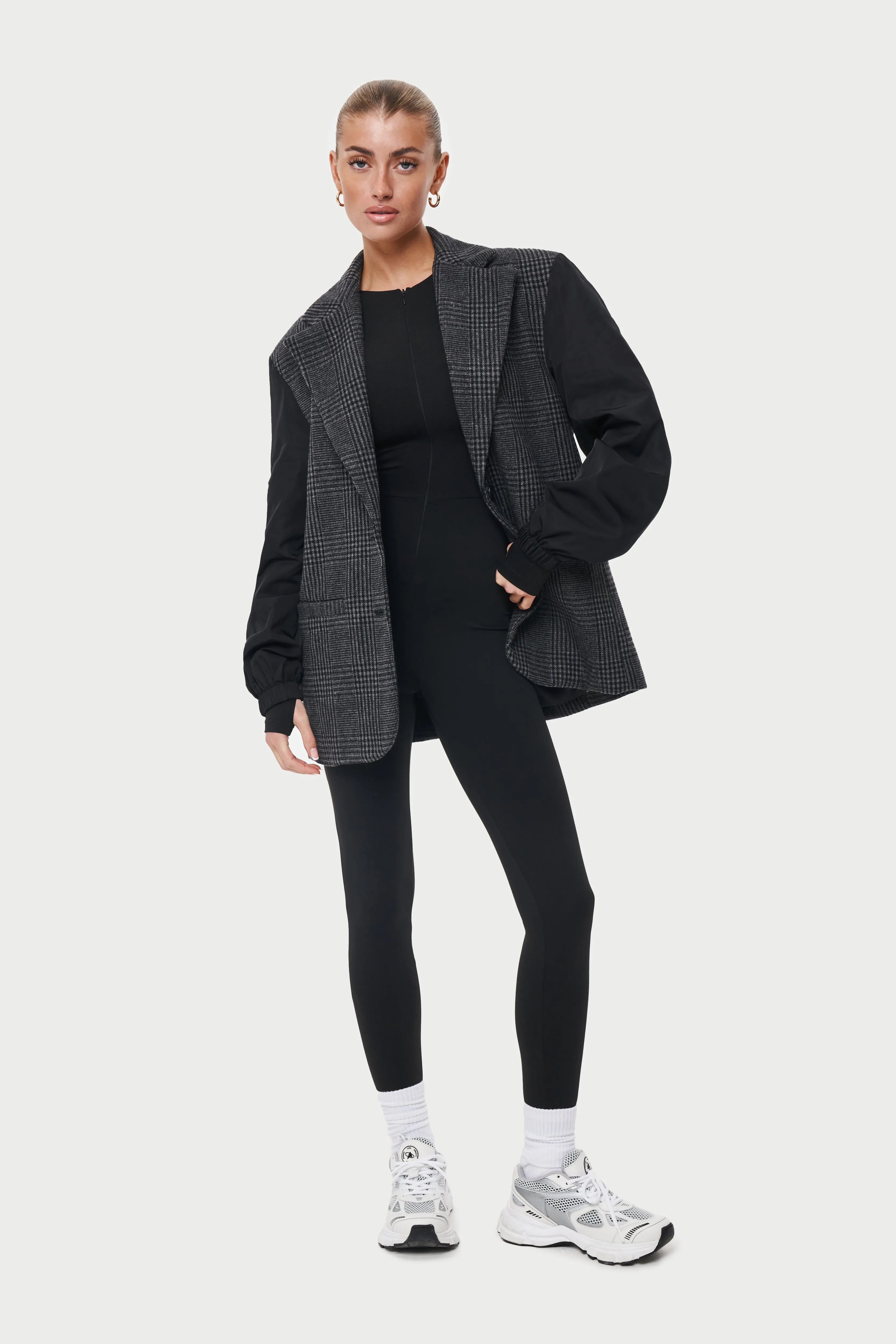 OVERSIZED CHECK BLAZER WITH NYLON SLEEVES - BLACK