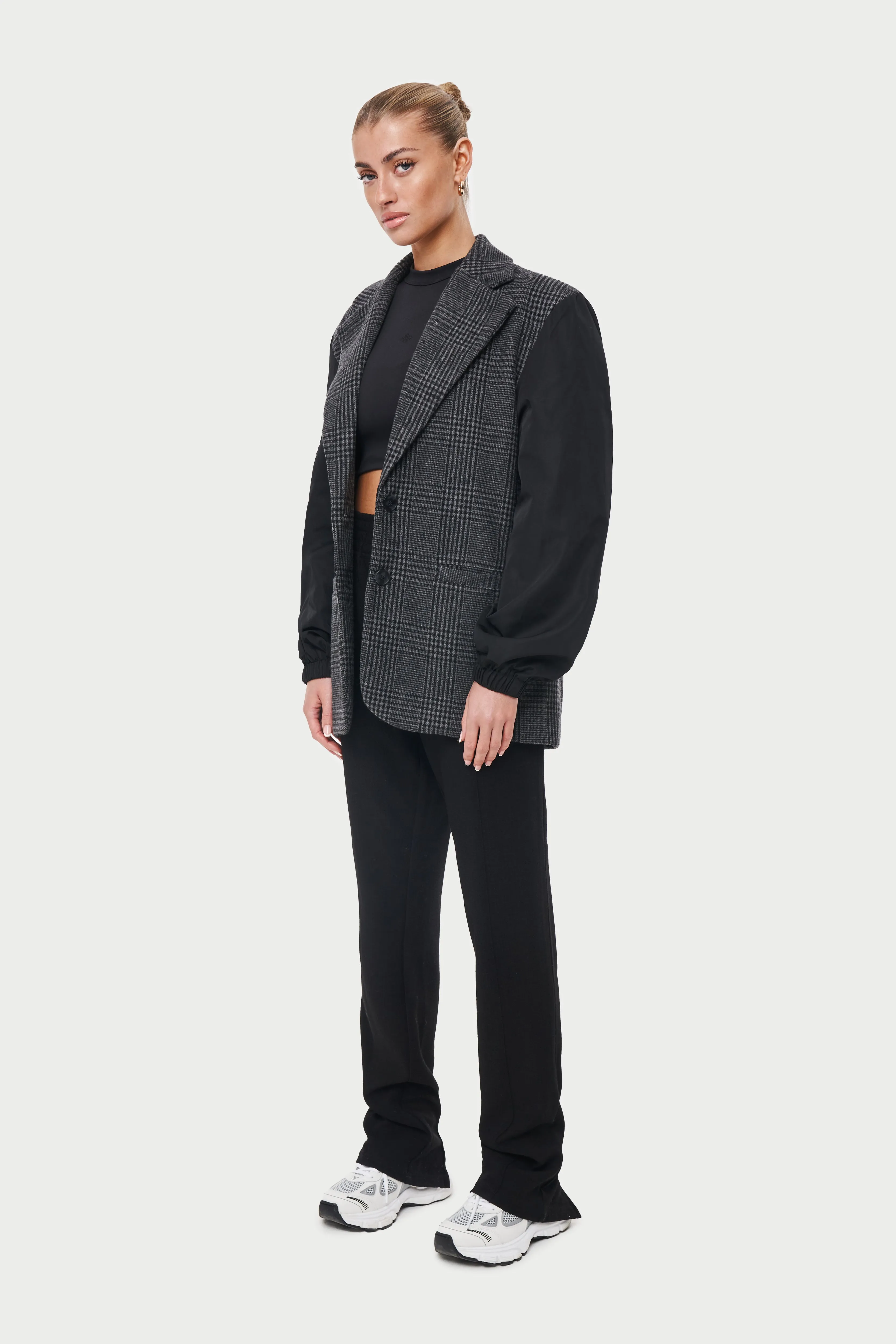 OVERSIZED CHECK BLAZER WITH NYLON SLEEVES - BLACK