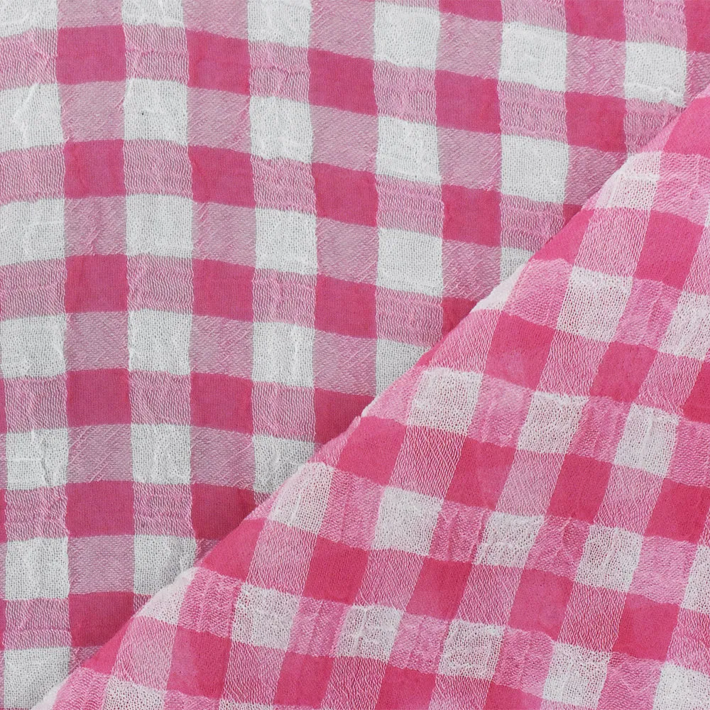 Pink-White Check Poly Crinkle Chiffon Woven Fabric