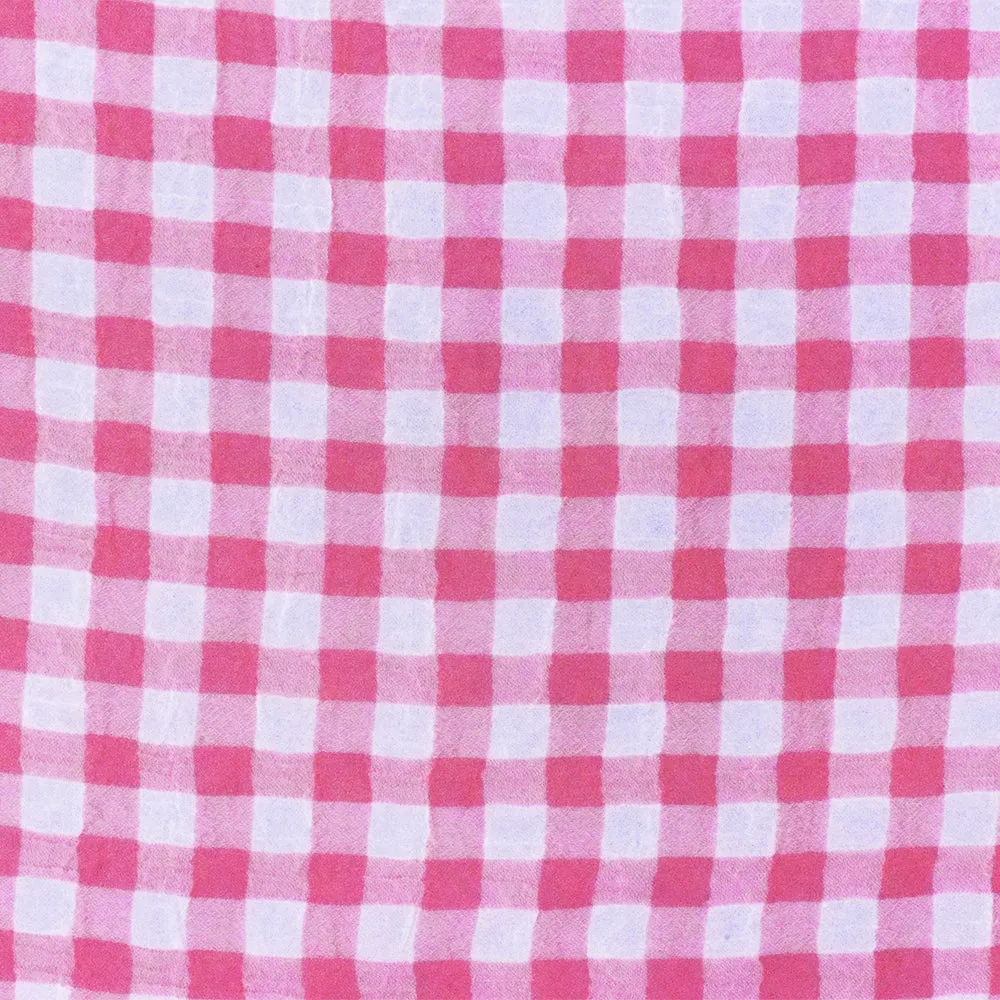 Pink-White Check Poly Crinkle Chiffon Woven Fabric