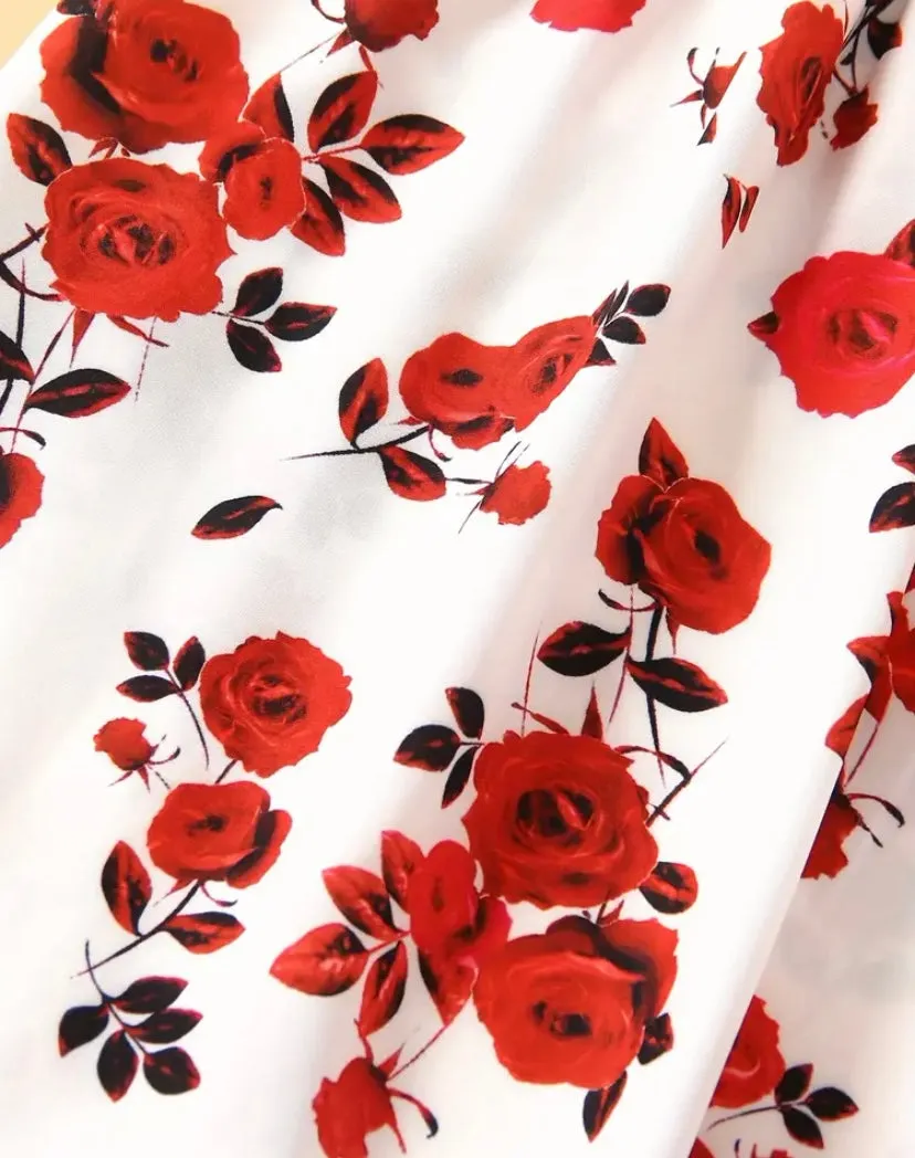 Red Girls 2pc Crop Top and Floral Skirt Set