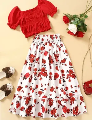 Red Girls 2pc Crop Top and Floral Skirt Set